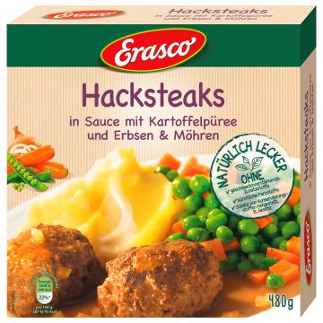 Erasco Hacksteaks mit Kartoffelpüree, Erbsen und Möhren
