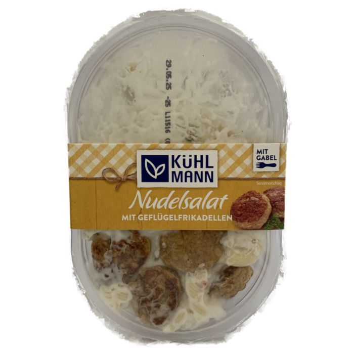 Nudelsalat mit Geflügelfrikadellen Nudelsalat mit Geflügelfrikadellen