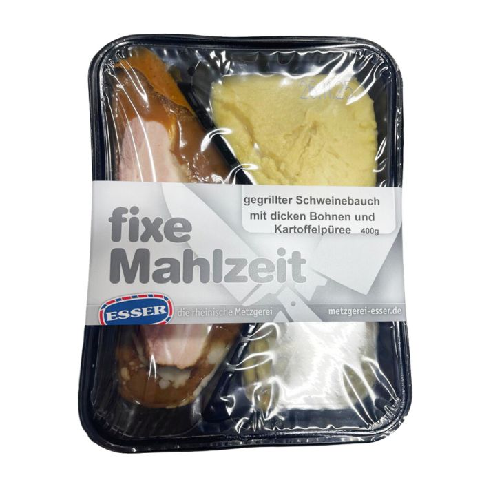 Esser Gegrillter Schweinebrauch mit Dicke Bohnen und Kartoffelpüree