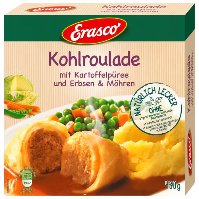 Erasco Kohlroulade mit Kartoffelpüree Erbsen und Möhren