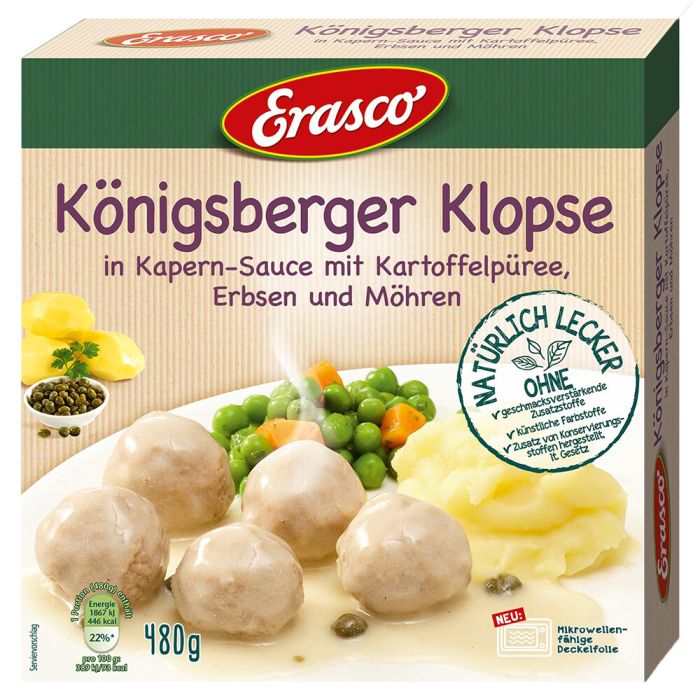 Erasco Königsberger Klopse in Kapern-Sauce mit Kartoffelpüree, Erbsen und Möhren